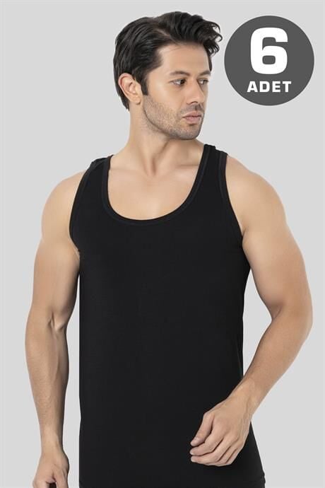 Erkek Siyah Atlet 6'lı Paket %100 Pamuk Penye Rahat ve Normal Kesim İç Giyim