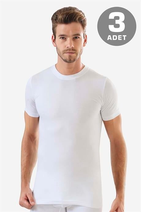 Erkek Beyaz Sıfır Yaka Kısa Kollu Fanila Tişört %100 Pamuklu Penye 3'lü Paket