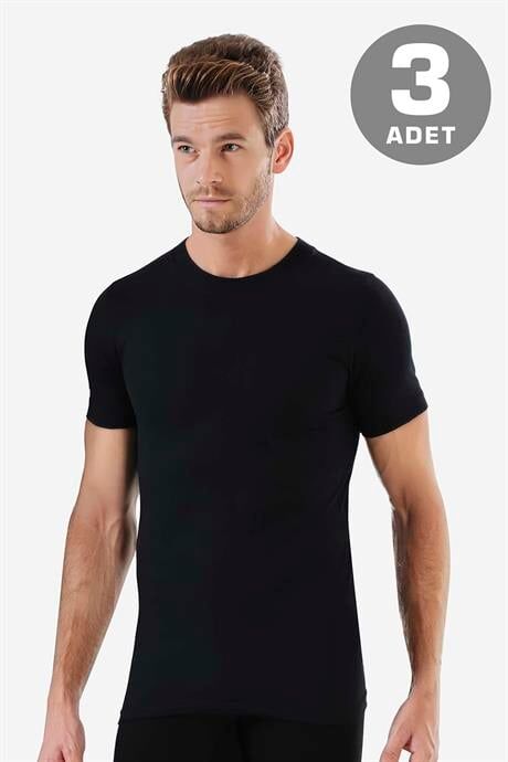 Erkek Siyah Sıfır Yaka Kısa Kollu Fanila Tişört %100 Pamuklu Penye 3'lü Paket