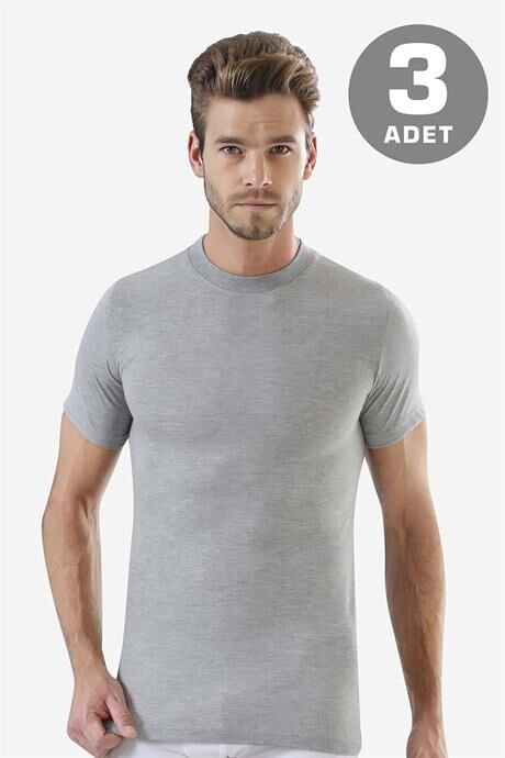Erkek Gri Sıfır Yaka Kısa Kollu Fanila Tişört %100 Pamuklu Penye 3'lü Paket
