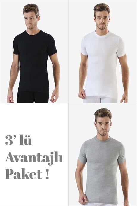 Erkek Beyaz Siyah Gri Sıfır Yaka Kısa Kollu Fanila %100 Pamuklu 3'lü Paket