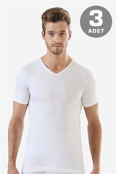 Erkek V Yaka Kısa Kollu Fanila Beyaz %100 Pamuk Penye 3'lü Set