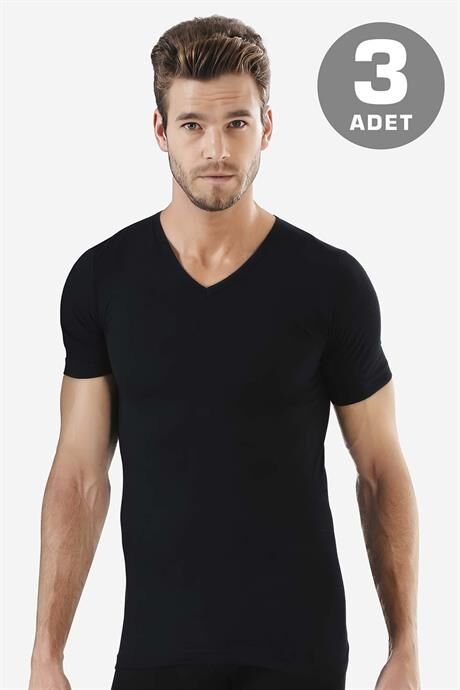 Erkek V Yaka Kısa Kollu Fanila Siyah %100 Pamuk Penye 3'lü Set