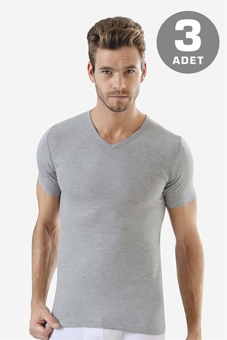 Erkek V Yaka Kısa Kollu Fanila Gri %100 Pamuk Penye 3'lü Set