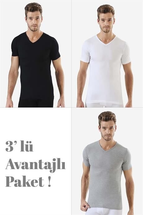 Erkek V Yaka Kısa Kollu Fanila Renkli %100 Pamuk Penye 3'lü Set