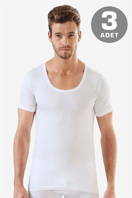 Erkek Beyaz Bisiklet Yaka Kısa Kol Fanila Tişört %100 Pamuklu 3'lü Paket