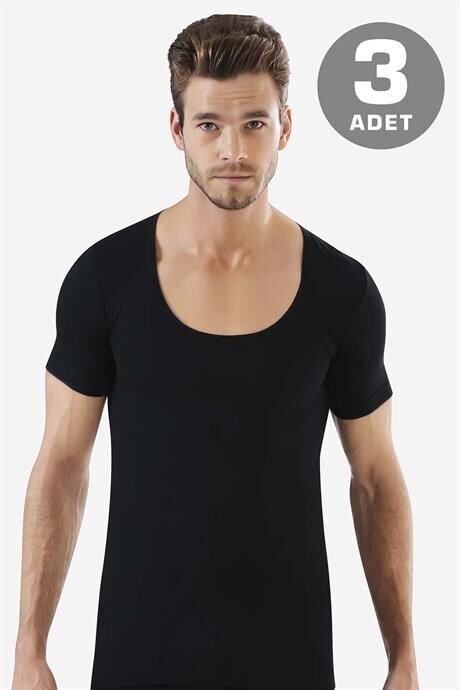 Erkek Siyah Bisiklet Yaka Kısa Kol Fanila Tişört %100 Pamuklu 3'lü Paket