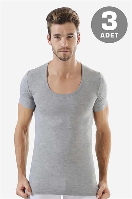 Erkek Gri Bisiklet Yaka Kısa Kol Fanila Tişört %100 Pamuklu 3'lü Paket