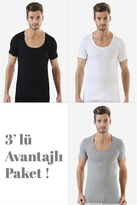 Erkek Renkli Bisiklet Yaka Kısa Kol Fanila Tişört %100 Pamuklu 3'lü Paket