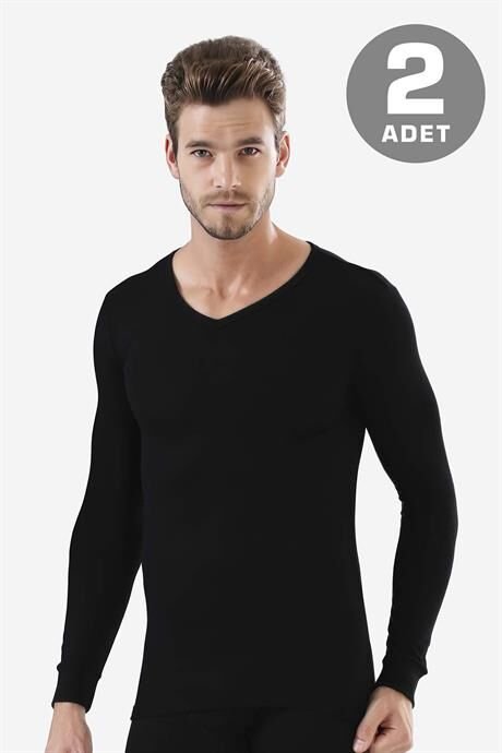 Erkek Siyah V Yaka Uzun Kollu Fanila Badi %100 Pamuk Ribana 2'li Paket