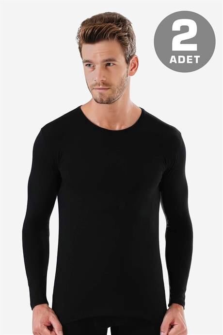Erkek Bisiklet Yaka Uzun Kollu Fanila Badi Siyah %100 Pamuklu Ribana 2'li Paket
