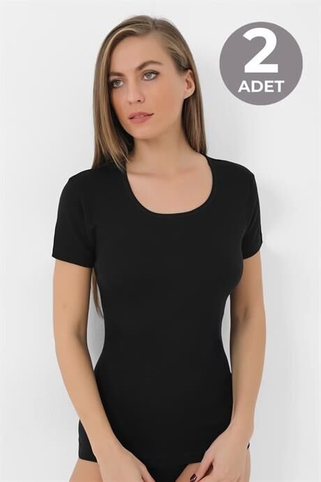 2'li Paket Kadın Siyah Tişört Bisiklet Yaka Kısa Kollu Fanila %100 Pamuk Ribana