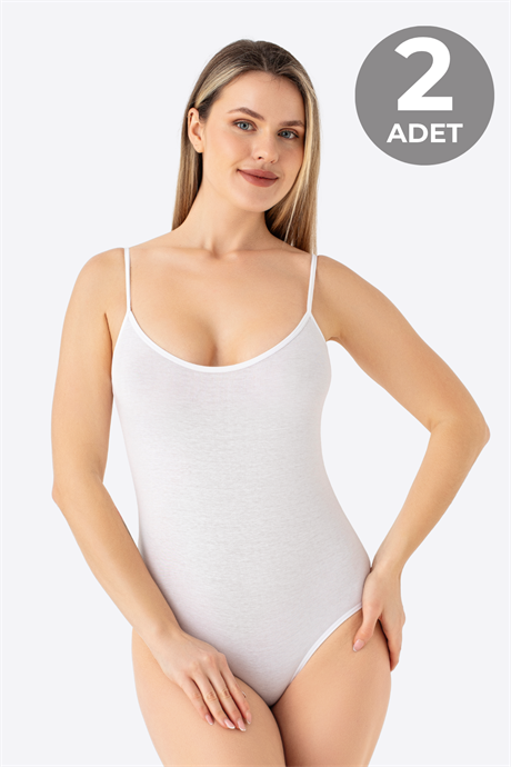 Kadın Beyaz İp Askılı Çıtçıtlı Atlet Body Zıbın Pamuklu Likralı 2'li Paket