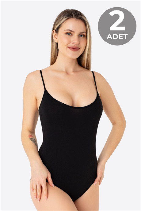 Kadın Siyah İp Askılı Çıtçıtlı Atlet Body Zıbın Pamuklu Likralı 2'li Paket
