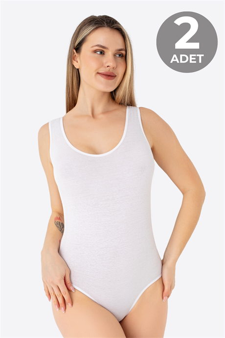 Beyaz 2'li Kadın Çıtçıtlı Atlet / Body Kalın Askılı Pamuklu Likralı