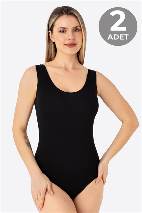 Siyah 2'li Kadın Çıtçıtlı Atlet / Body Kalın Askılı Pamuklu Likralı