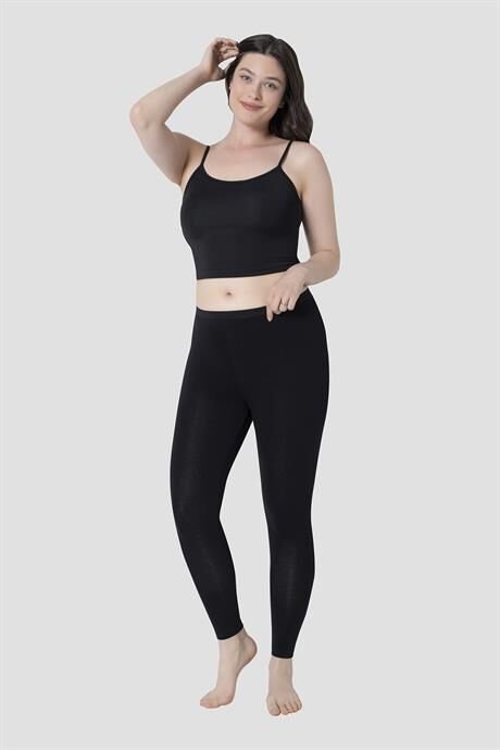 Kadın Siyah Pamuklu Likralı Uzun Tayt