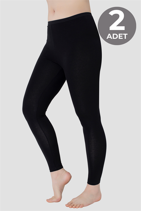 Kadın Pamuklu Likralı Uzun Tayt Siyah 2'li Paket