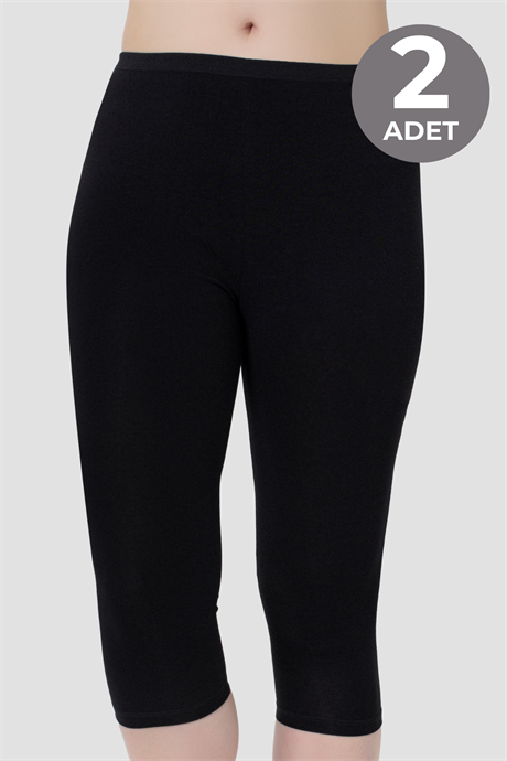 Kadın Diz Altı Kapri Boy Penye Tayt Siyah 2'li Paket