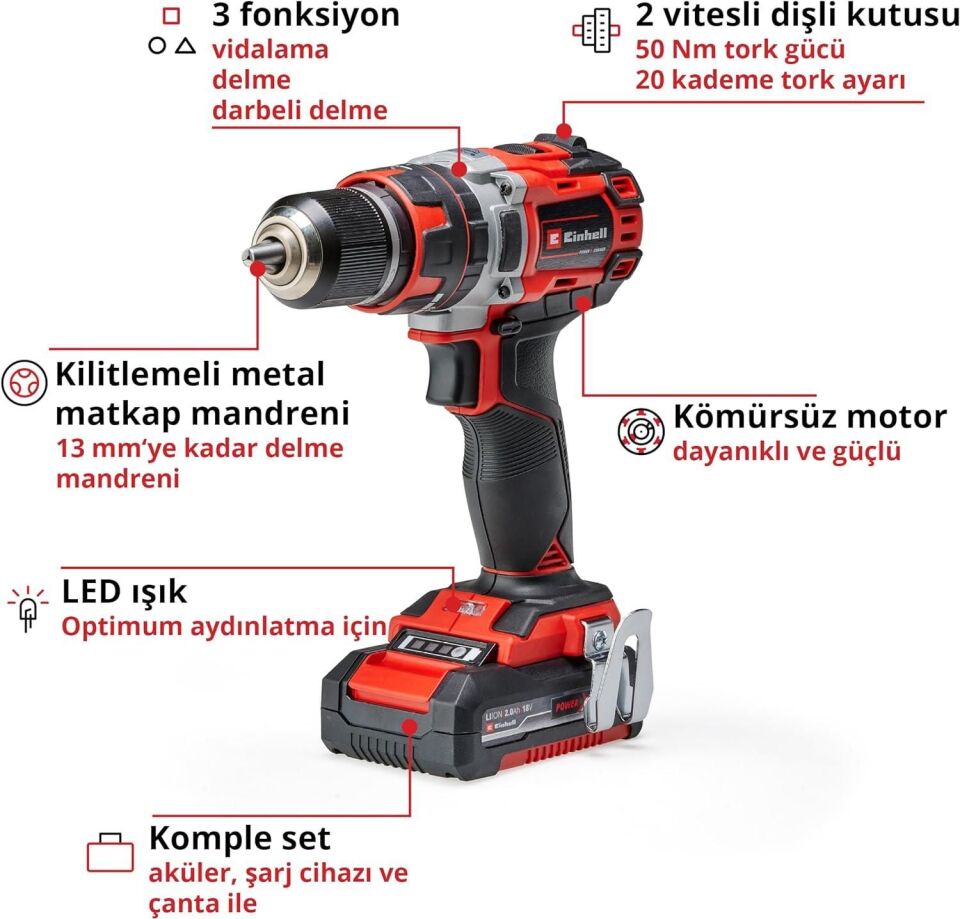 Einhell Te Cd 18/50 Li̇İ Bl Darbeli Vidalama 2X2,0 Ah