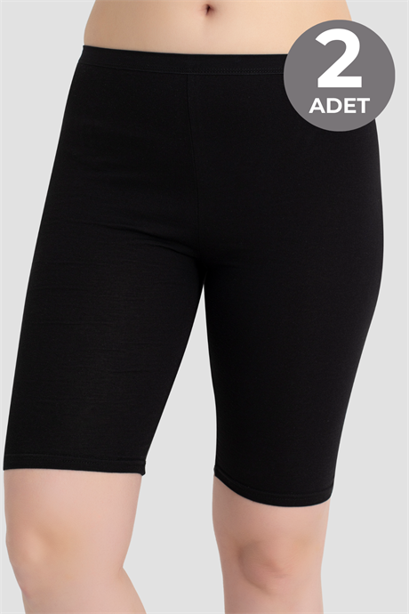 Kadın Pamuklu Diz Üstü Kısa Tayt 2'li Paket Siyah