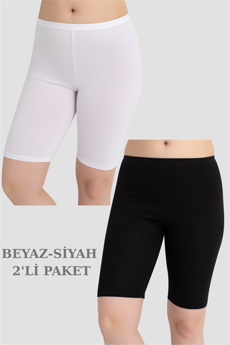 Kadın Pamuklu Diz Üstü Kısa Tayt 2'li Paket Beyaz - Siyah