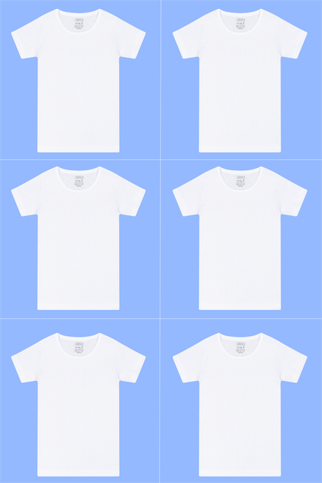 6 Adet Beyaz Erkek Çocuk Kısa Kollu Fanila Tişört Yuvarlak Yaka %100 Pamuklu Penye