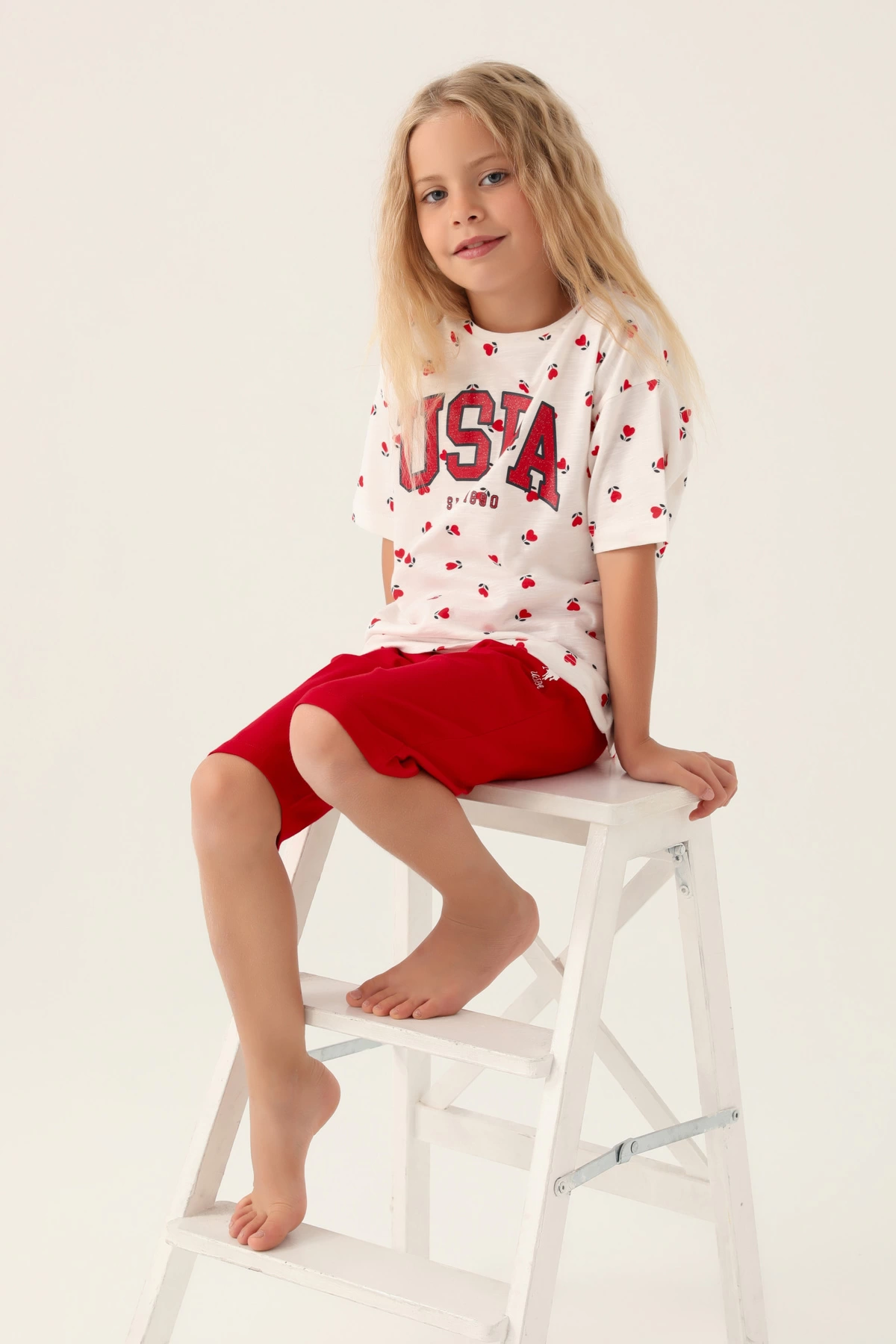 US Polo 1831-G Kız Çocuk Kalpli Şort Takım