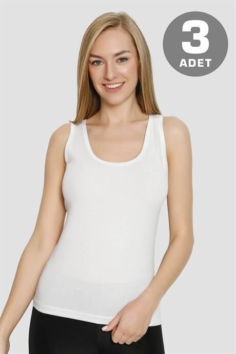Kadın Beyaz Pamuklu Likralı Kalın Askılı Atlet 3'lü Paket Esnek ve Yumuşak Kumaş