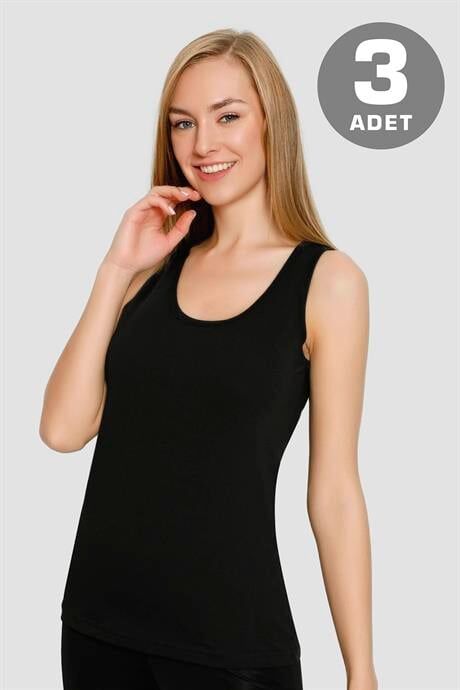Kadın Siyah Pamuklu Likralı Kalın Askılı Atlet 3'lü Paket Esnek ve Yumuşak Kumaş