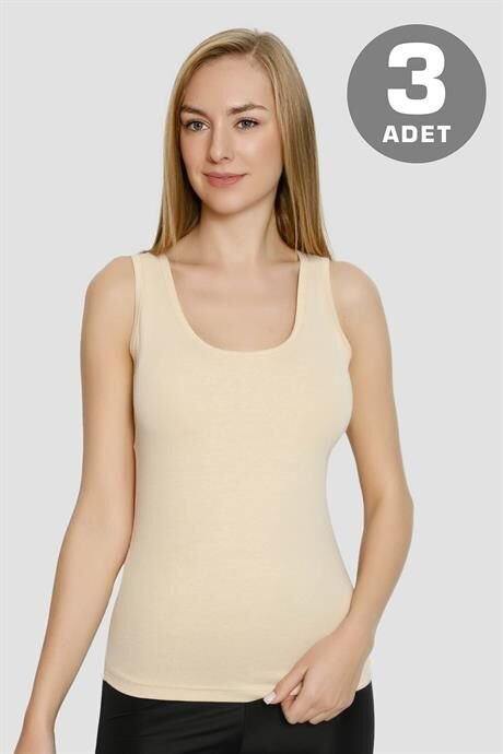 Kadın Ten Rengi Pamuklu Likralı Kalın Askılı Atlet 3'lü Paket Esnek ve Yumuşak Kumaş