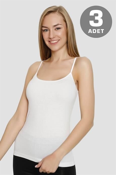Kadın Pamuklu Likralı İp Askılı Atlet Beyaz 3'lü Paket Esnek Rahat Kumaş