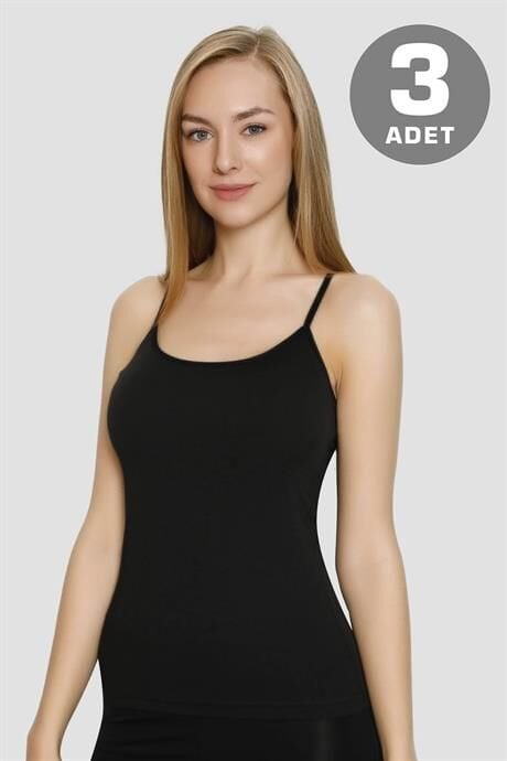 Kadın Pamuklu Likralı İp Askılı Atlet Siyah 3'lü Paket Esnek Rahat Kumaş