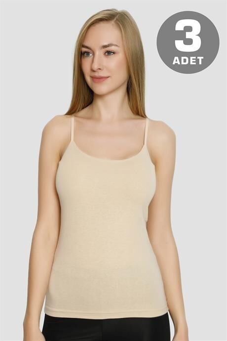 Kadın Pamuklu Likralı İp Askılı Atlet Ten Rengi 3'lü Paket Esnek Rahat Kumaş