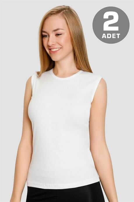 Kadın Pamuklu Likralı Bisiklet Yaka Kolsuz Tişört Beyaz 2'li Paket
