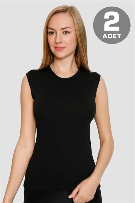 Kadın Pamuklu Likralı Bisiklet Yaka Kolsuz Tişört Siyah 2'li Paket