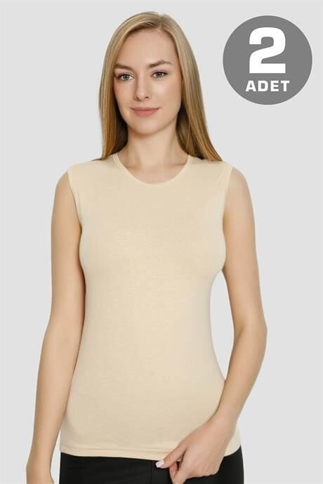 Kadın Pamuklu Likralı Bisiklet Yaka Kolsuz Tişört Ten Rengi 2'li Paket