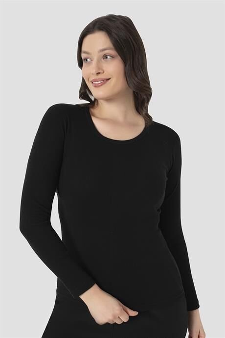 Kadın Siyah Tişört Uzun Kollu Badi Fanila %100 Pamuk Ribana