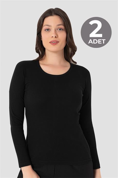 2 Adet Kadın Siyah Tişört Bisiklet Yaka Uzun Kollu Fanila Badi %100 Pamuk Ribana
