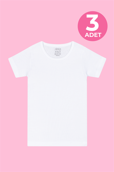 3 Adet Kız Çocuk Fanila Kısa Kollu Tişört Yuvarlak Yaka Beyaz %100 Pamuk Ribana
