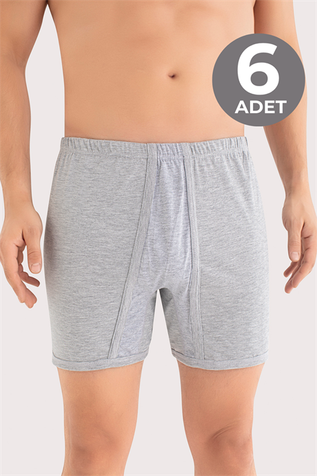 Erkek Paçalı Külot Boxer 6'lı Paket Gri %100 Pamuk Penye