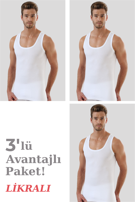 Erkek Beyaz Likralı Atlet 3'lü Paket Esnek, Rahat, Vücuda Oturan İç Giyim