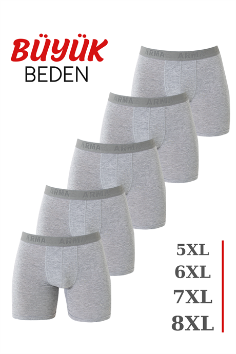 Erkek Gri Büyük Beden Boxer Pamuklu Likralı Yumuşak ve Esnek Kumaş 5'li Paket