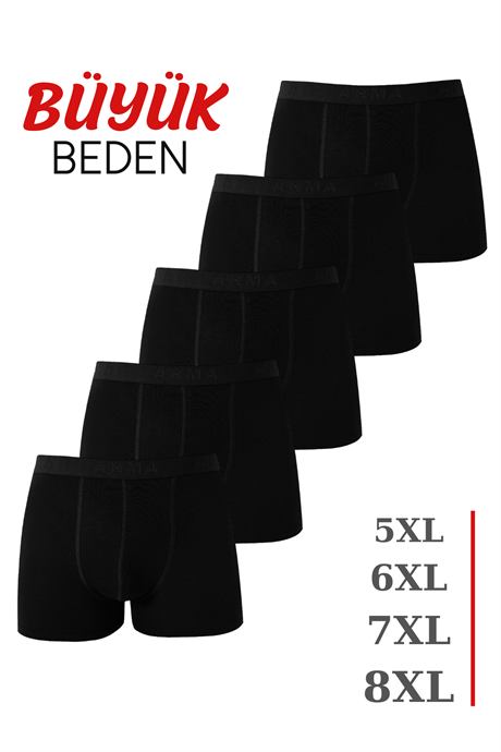 Erkek Siyah Büyük Beden Boxer Pamuklu Likralı Yumuşak ve Esnek Kumaş 5'li Paket
