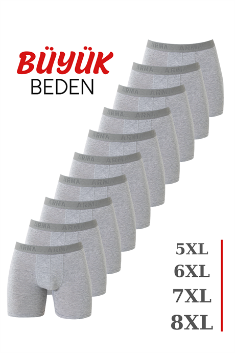 Erkek Gri Büyük Beden Boxer Pamuklu Likralı 10'lu Paket