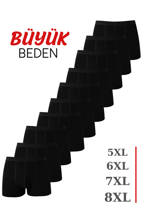Erkek Siyah Büyük Beden Boxer Pamuklu Likralı 10'lu Paket