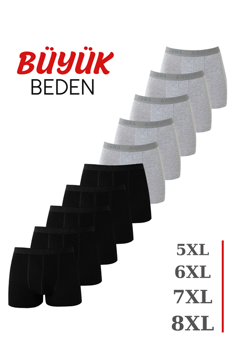 Erkek Gri - Siyah Büyük Beden Boxer Pamuklu Likralı 10'lu Paket