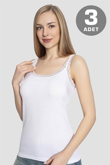 Kadın Dantelli Askılı Atlet Beyaz 3'lü Paket %100 Pamuklu Ribana Esnek