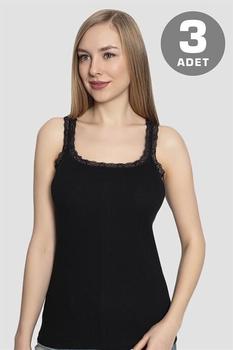 Kadın Dantelli Askılı Atlet Siyah 3'lü Paket %100 Pamuklu Ribana Esnek