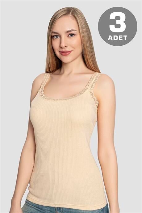 Kadın Dantelli Askılı Atlet Ten Rengi 3'lü Paket %100 Pamuklu Ribana Esnek